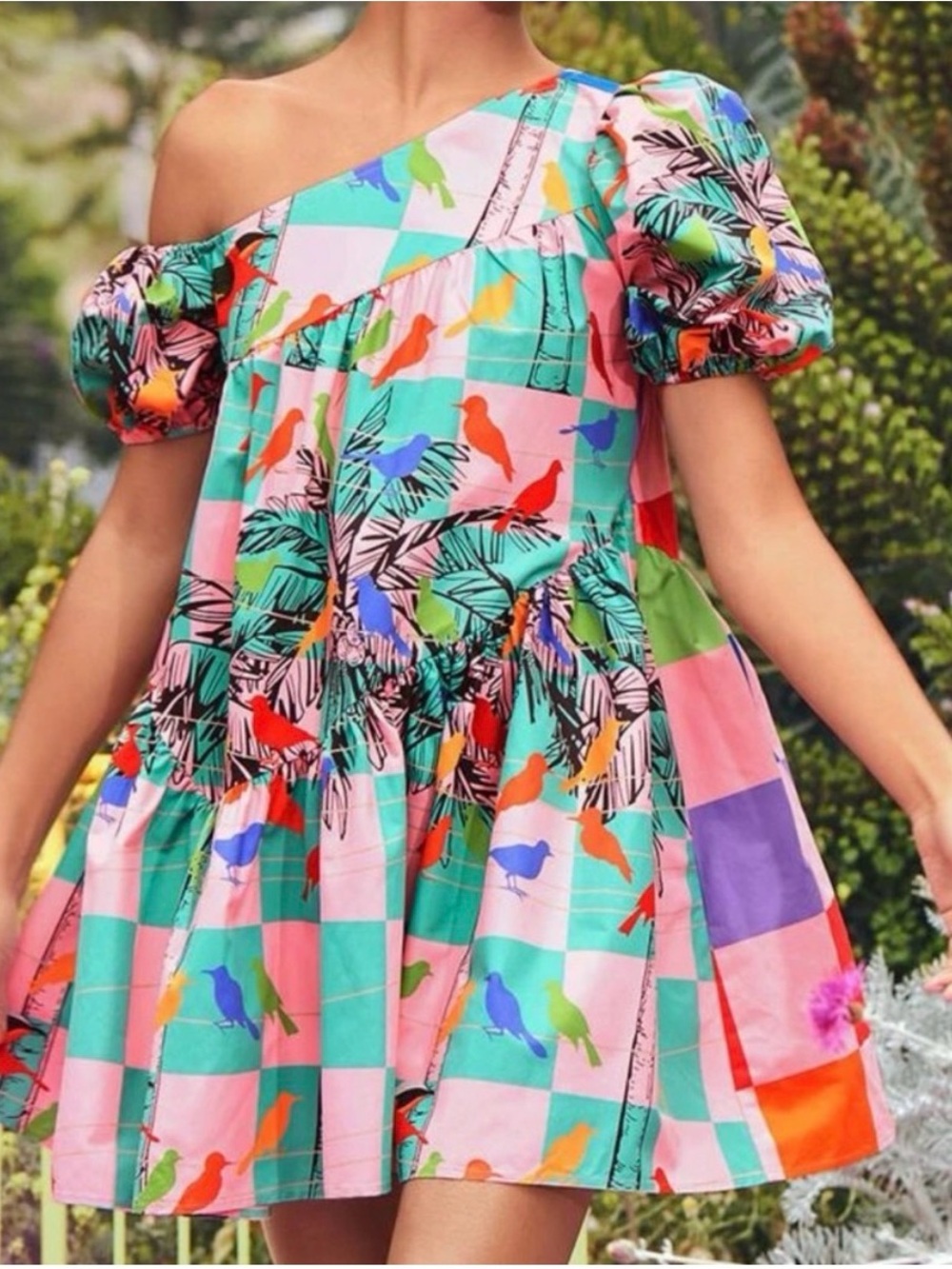 SHEIN Pink & Green One-Shoulder Asymmetrical Puff-Sleeve Dress